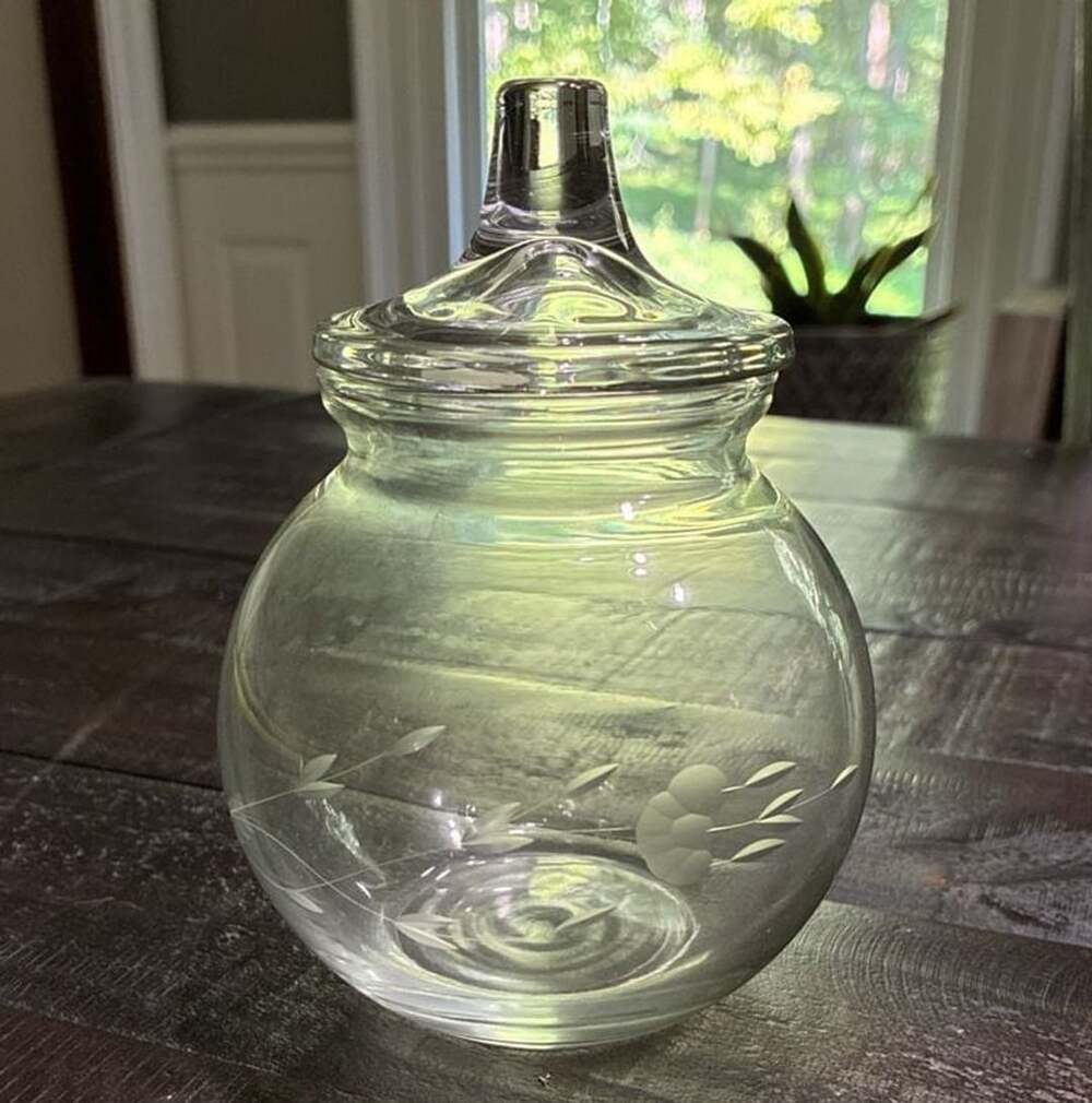 Princess House Heritage Etched Glass Vanity Cotton Ball Jar with Lid